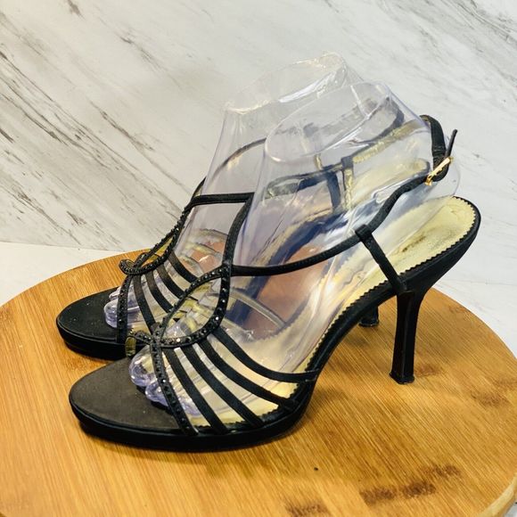 Nina Strappy High Heels 4.5” With Ankles Strap And Jewel Embellish Black Sz 9M - Picture 1 of 8